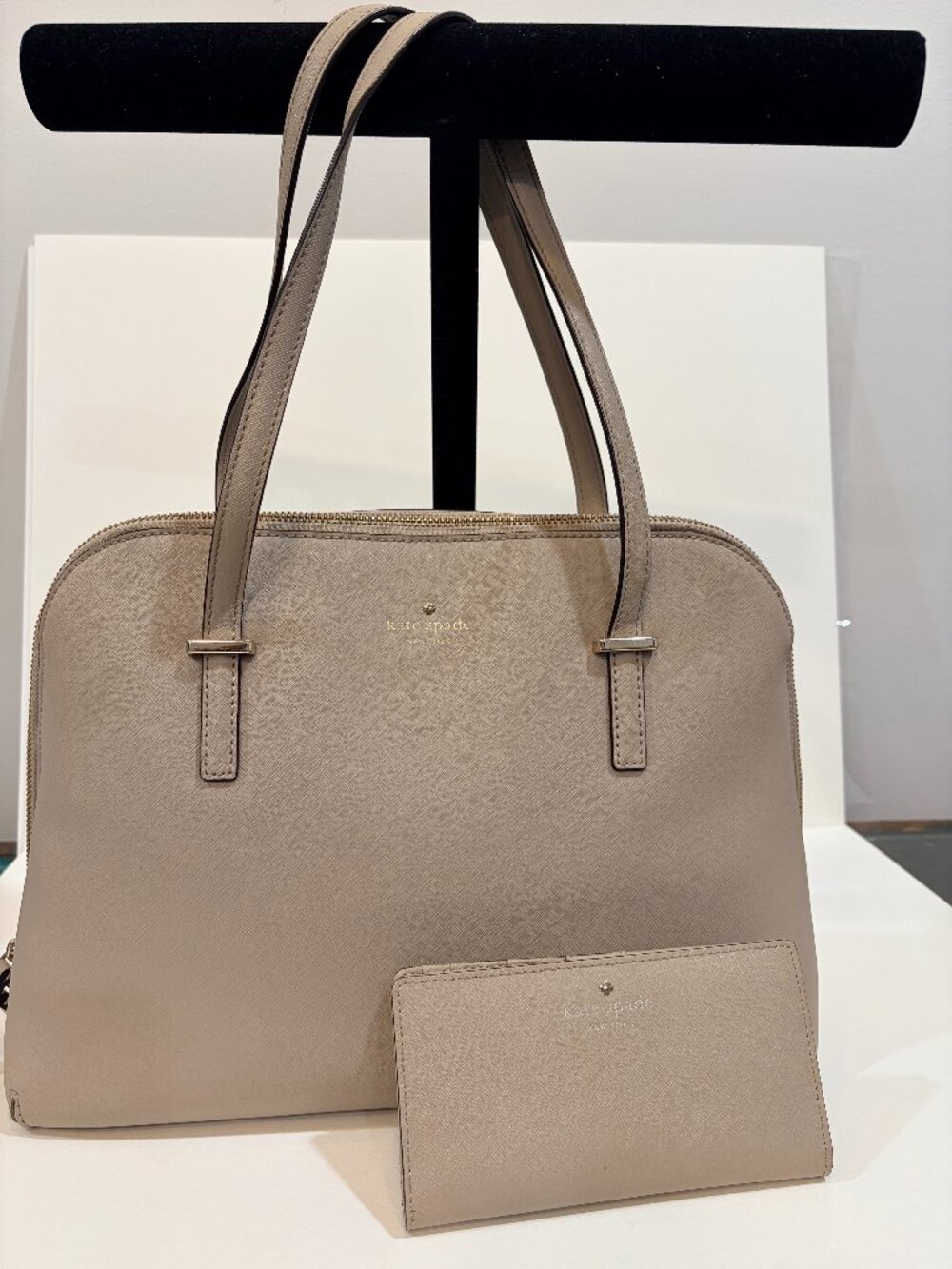 Kate Spade New York Maise Leather Satchel Tote Greige Taupe + Matching Wallet